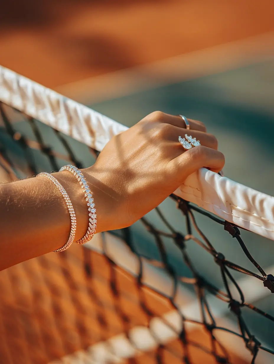 Primer plano de la mano de una mujer con una pulsera tennis de diamantes en la red de una pista de tierra batida