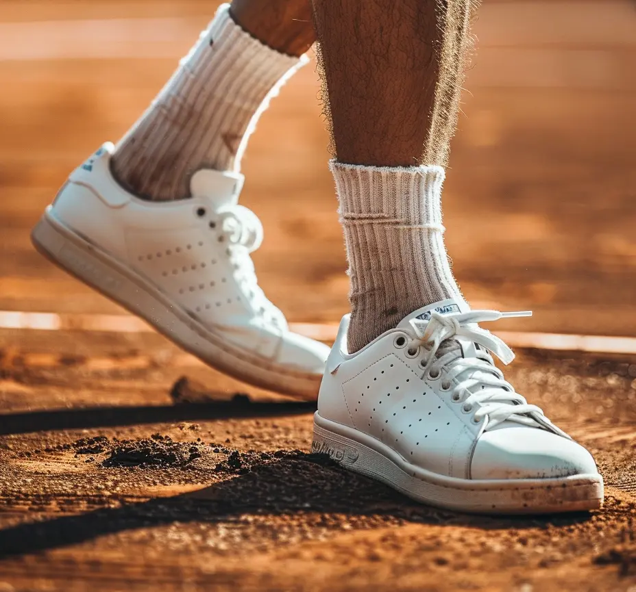 Primer plano de piernas y pies de un tenista con zapatillas blancas clásicas en pista de tierra