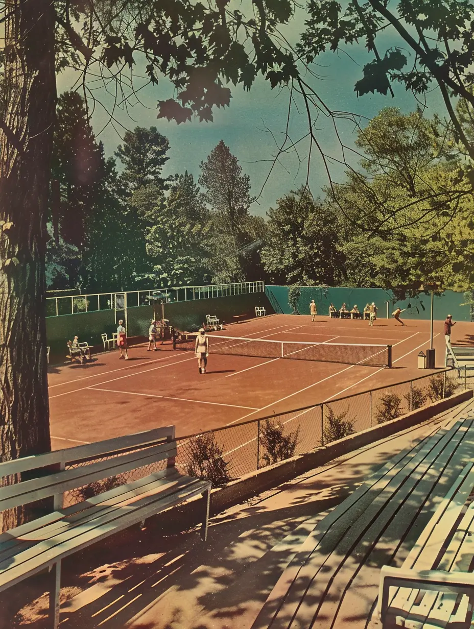 Club de tenis vintage de los años 70 con pistas de tierra batida, bancos de madera y jugadores ataviados de époc