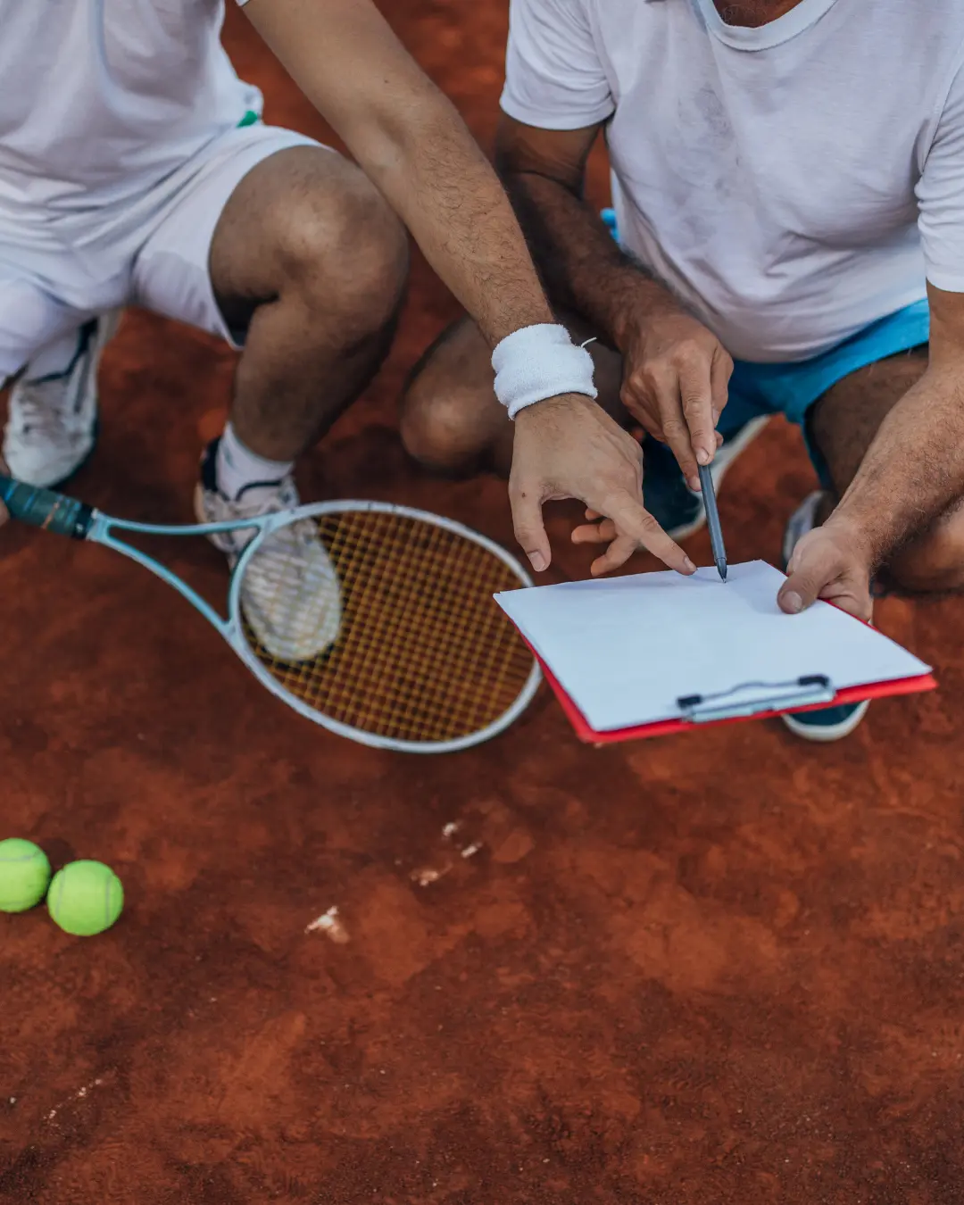 Tennis-Strategiebesprechung auf Sandplatz, mentale Spielplanung Zwei Tennisspieler besprechen Strategie mit Klemmbrett auf Sandplatz