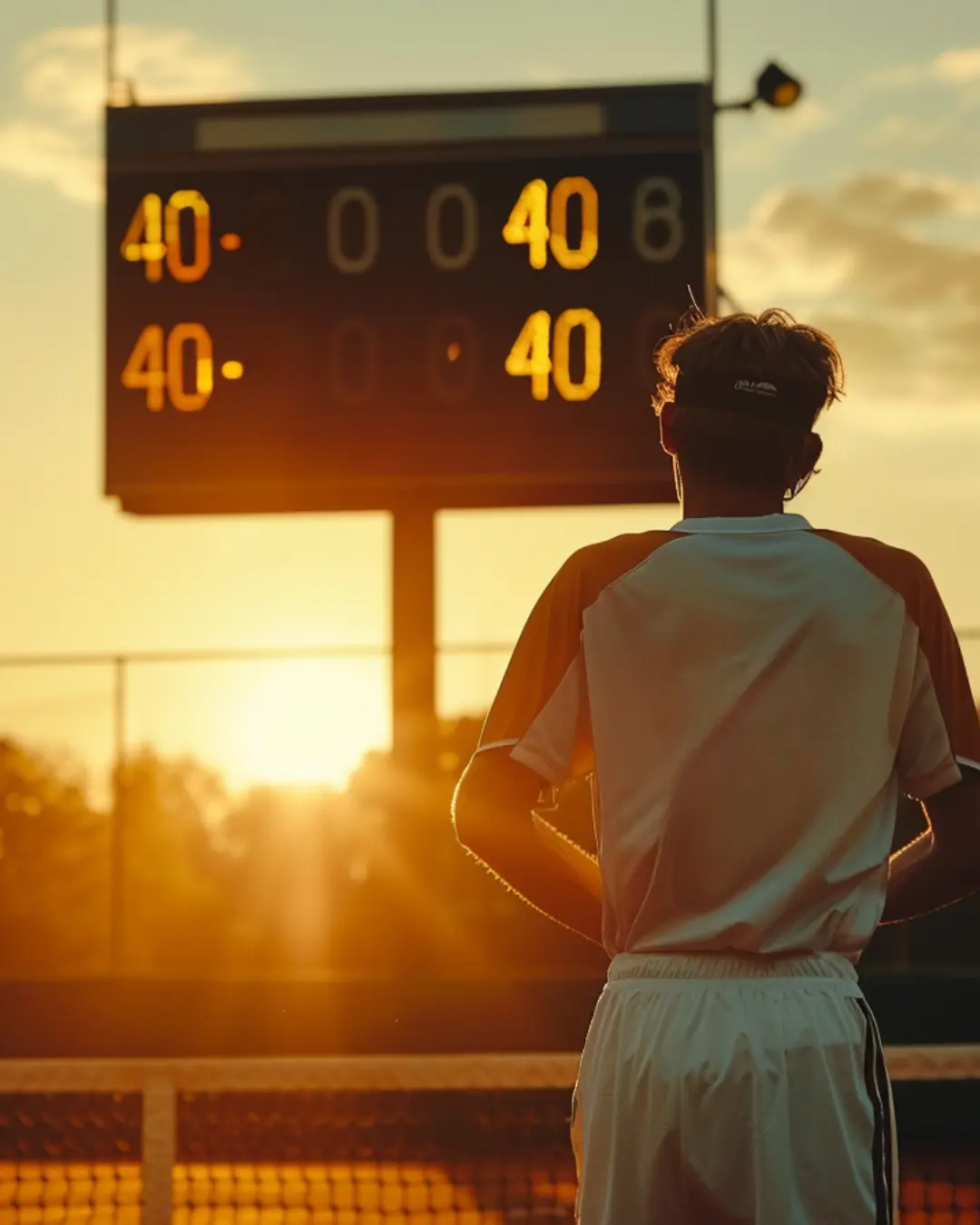 tennis player in front of scoreboard with 40-40 tie