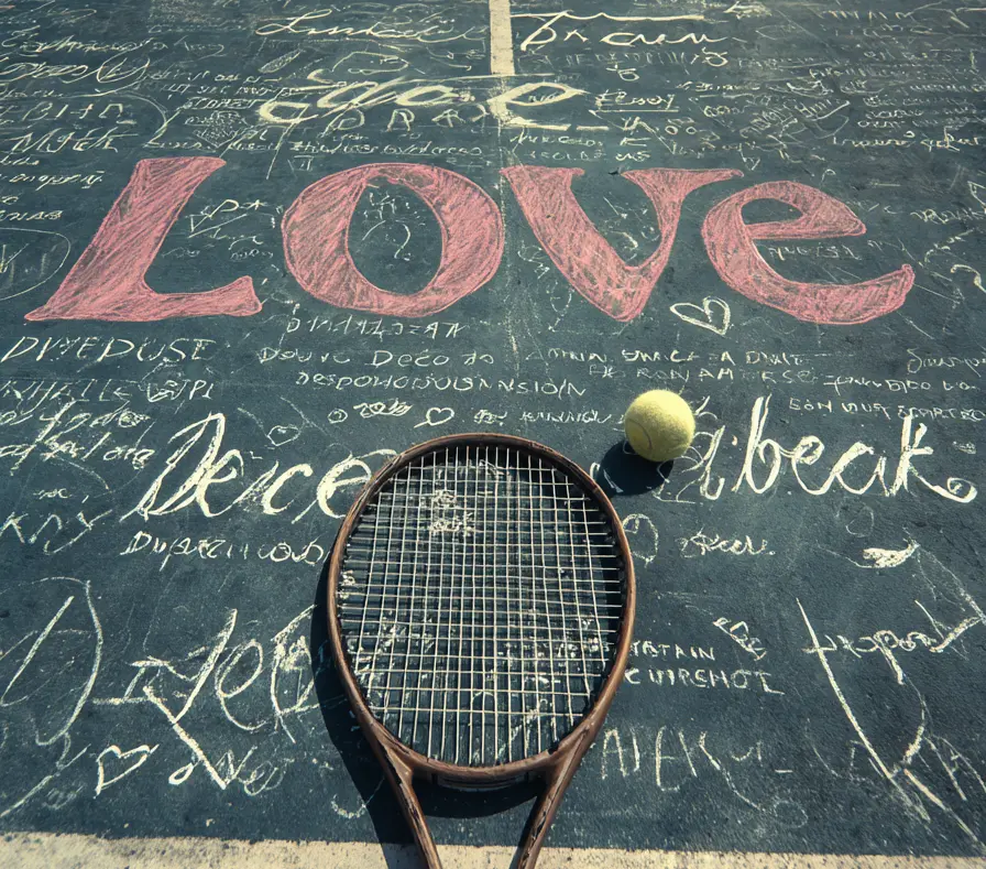 "Love" tennis slang written on court with other tennis terms