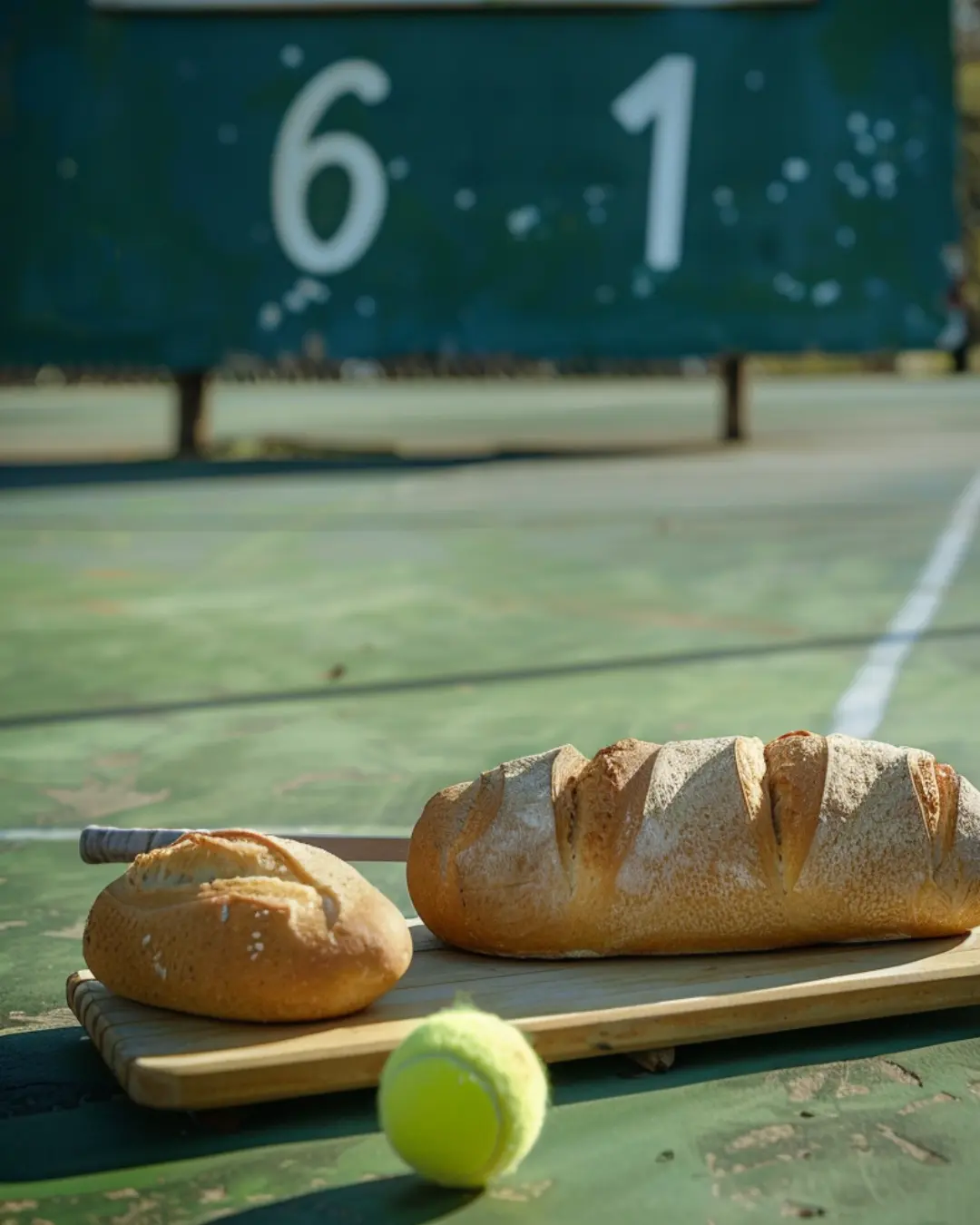 tennis score 6-1 with bread in foreground