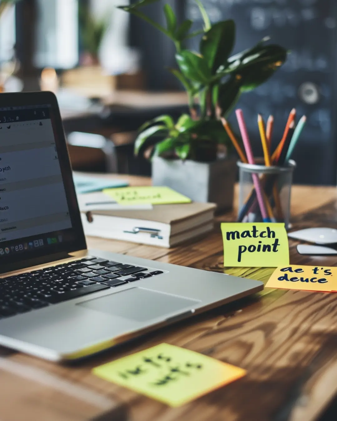 post-it on desk with tennis terms like match point and deuce