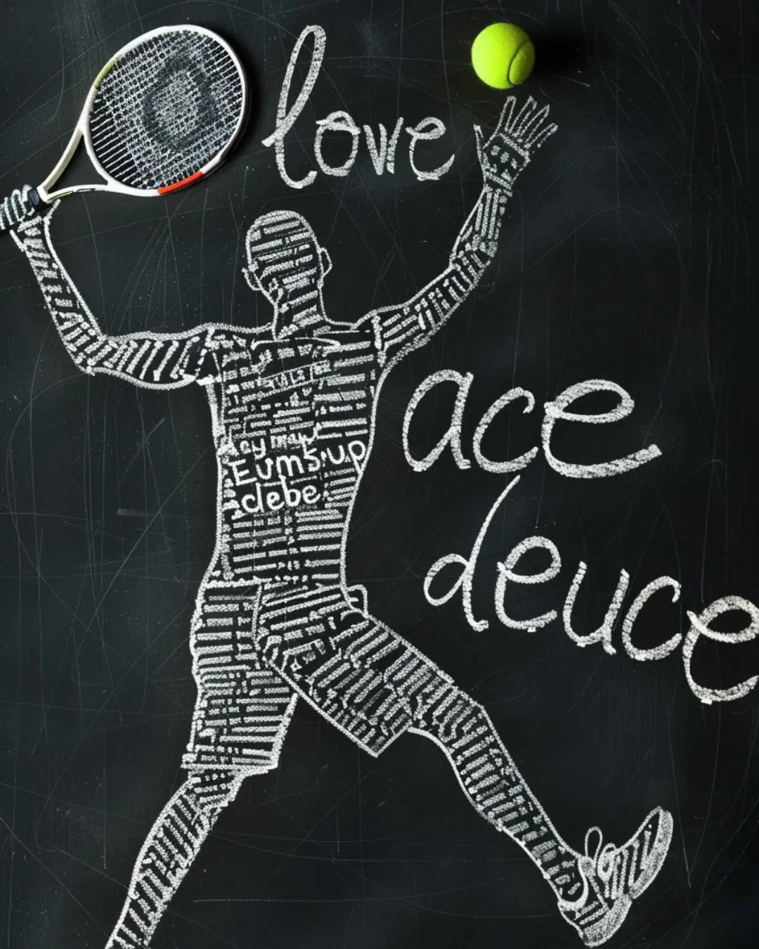 Chalkboard drawing of a tennis player with tennis slang words like love, ace and deuce