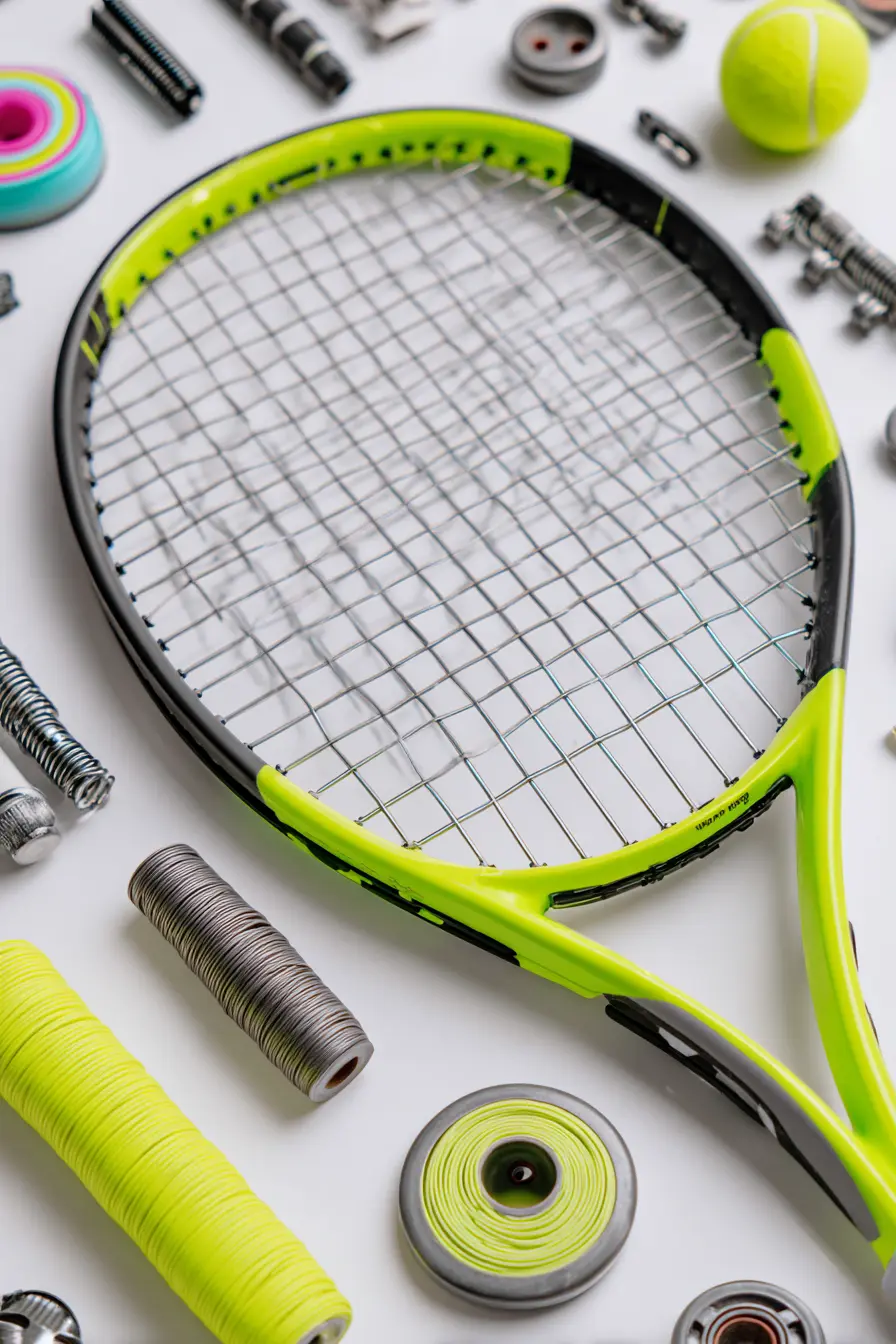 Raqueta tenis cuerdas grip accesorios flat lay Vista plana raqueta de tenis con cuerdas, grips y accesorios sobre fondo blanco