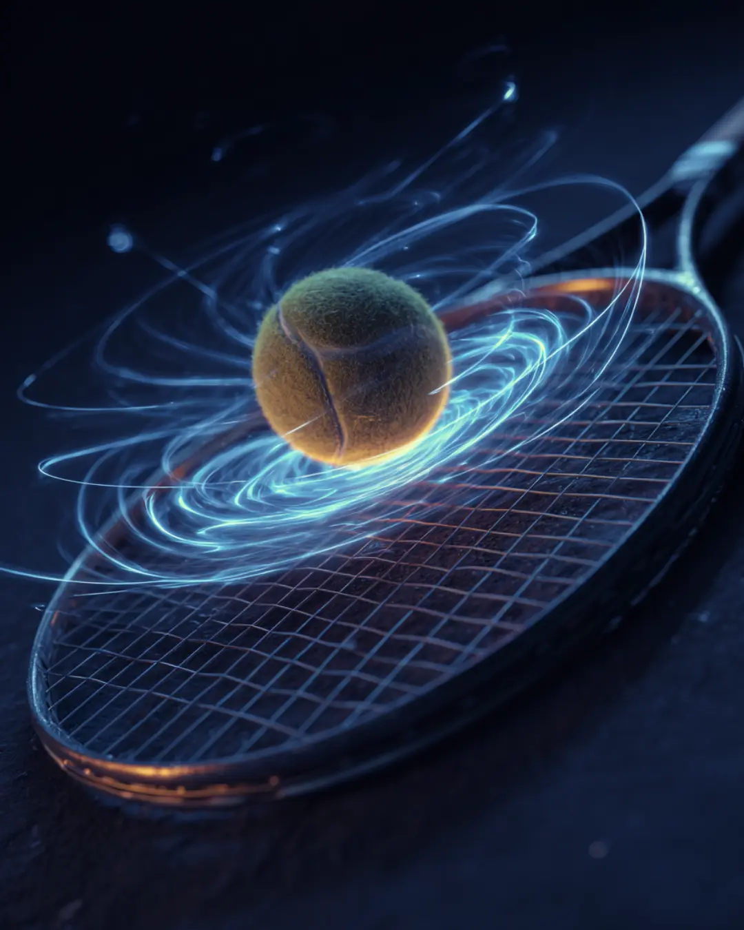 Palla da tennis su corde con onde luminose che rappresentano il trasferimento di energia e la risposta elastica dell’incordatura.