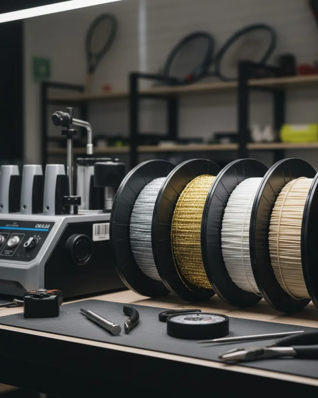 Banco professionale per incordatura con bobine di corde in budello naturale, poliestere e setup ibridi.