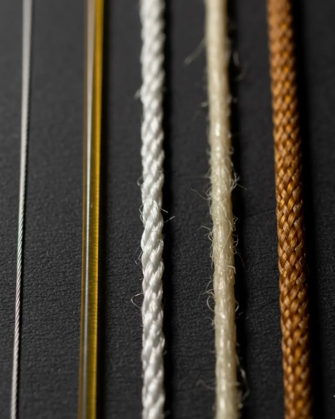 Dettaglio di corde da tennis di diverso spessore e materiale, che mostrano le variazioni tra i vari calibri.