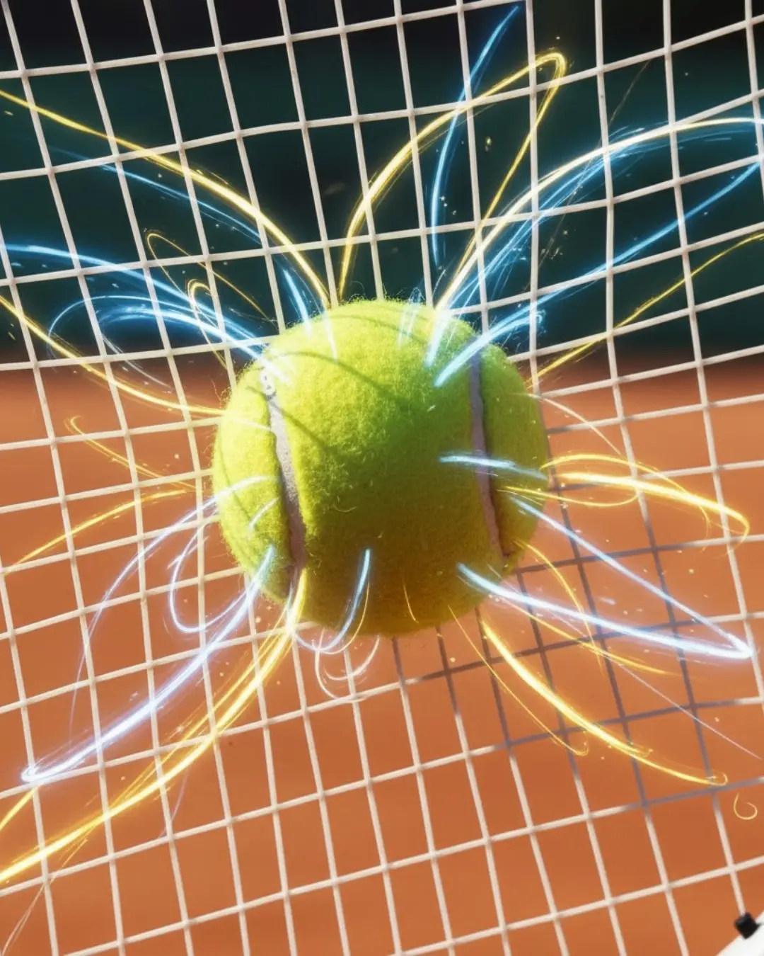 Palla da tennis che si comprime sulle corde della racchetta, mostrando il rilascio dell’energia elastica accumulata all’impatto.