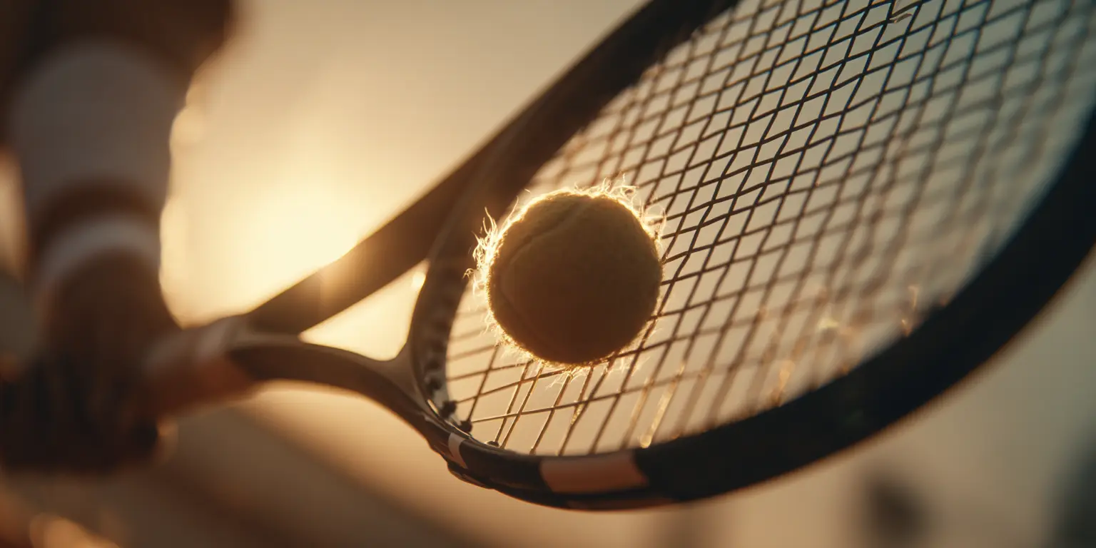 Palla da tennis colpita perfettamente sulle corde al tramonto, simbolo di potenza, precisione e armonia nel movimento.