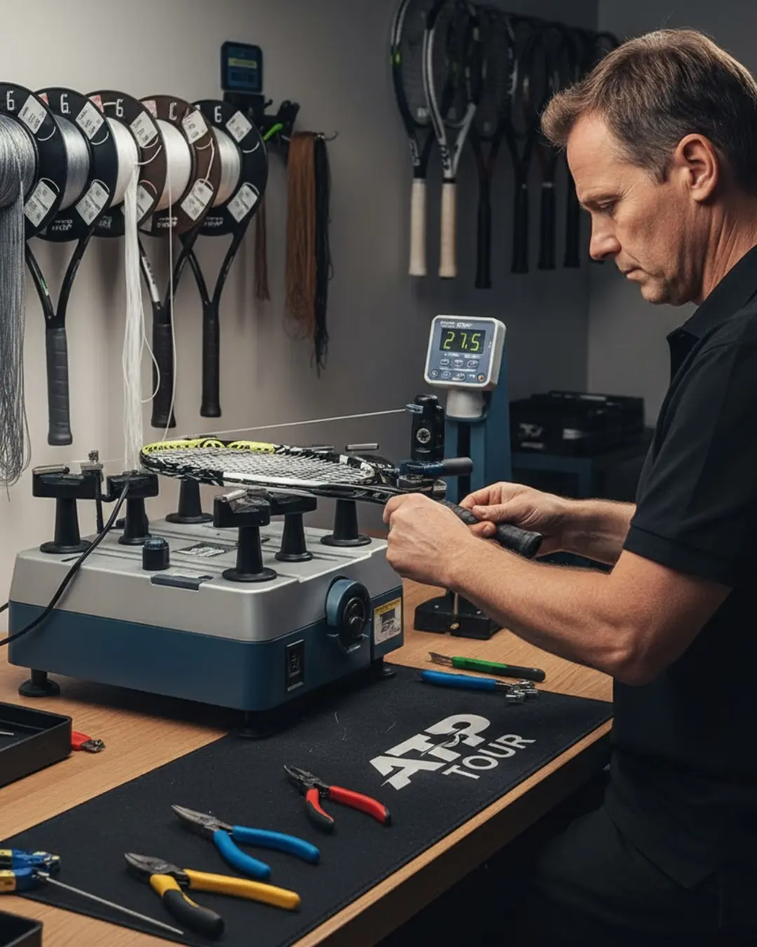 Incordatore professionista che regola la tensione di una racchetta da tennis su una macchina di precisione, con attrezzi e bobine di corde sul banco.