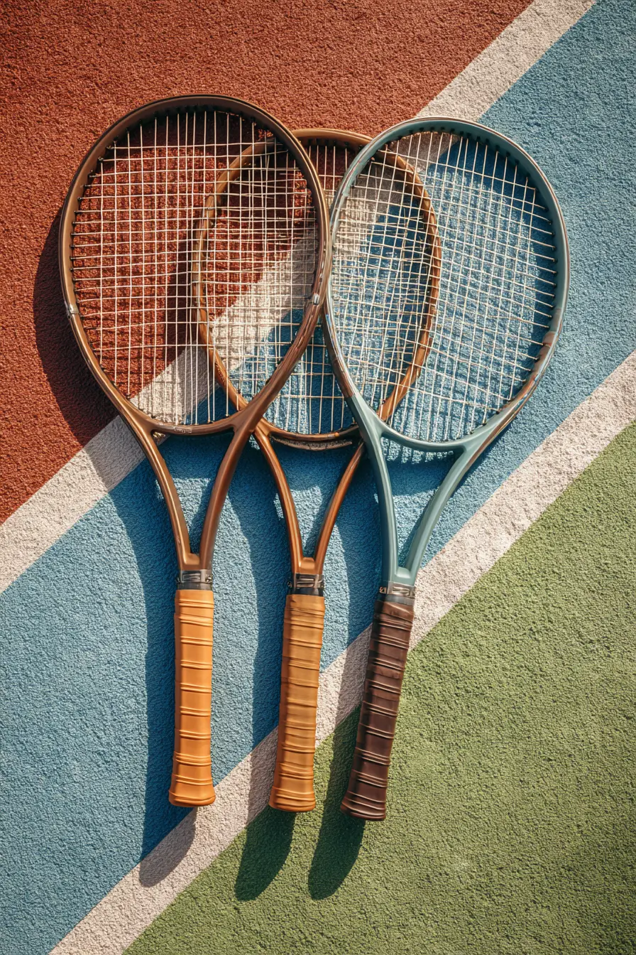Tre racchette da tennis appoggiate su un campo colorato, a rappresentare la tensione e il setup delle corde per diverse superfici di gioco.