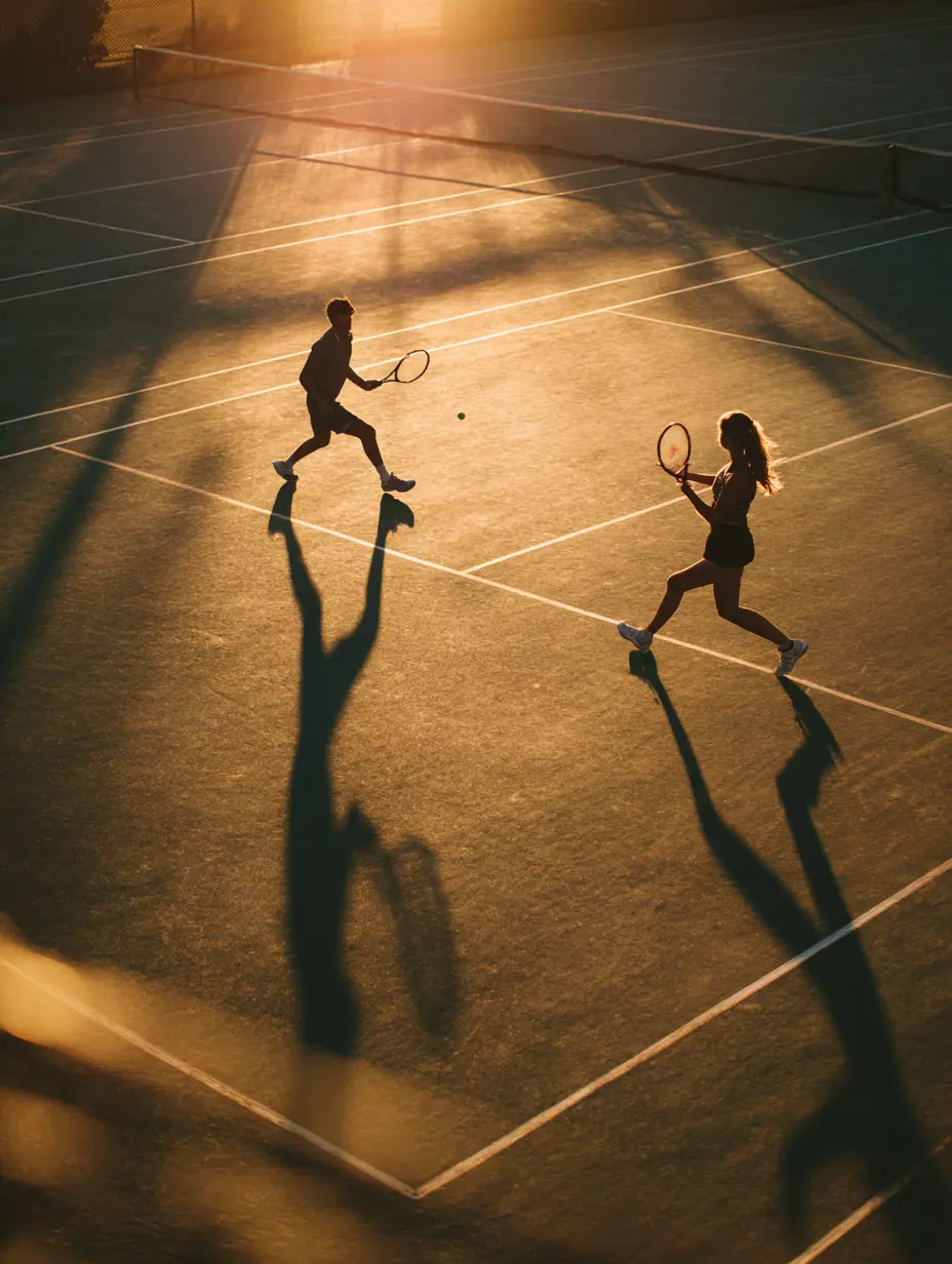 due tennisti che giocano al tramonto su un campo da tennis, simbolo dell’energia del tennis