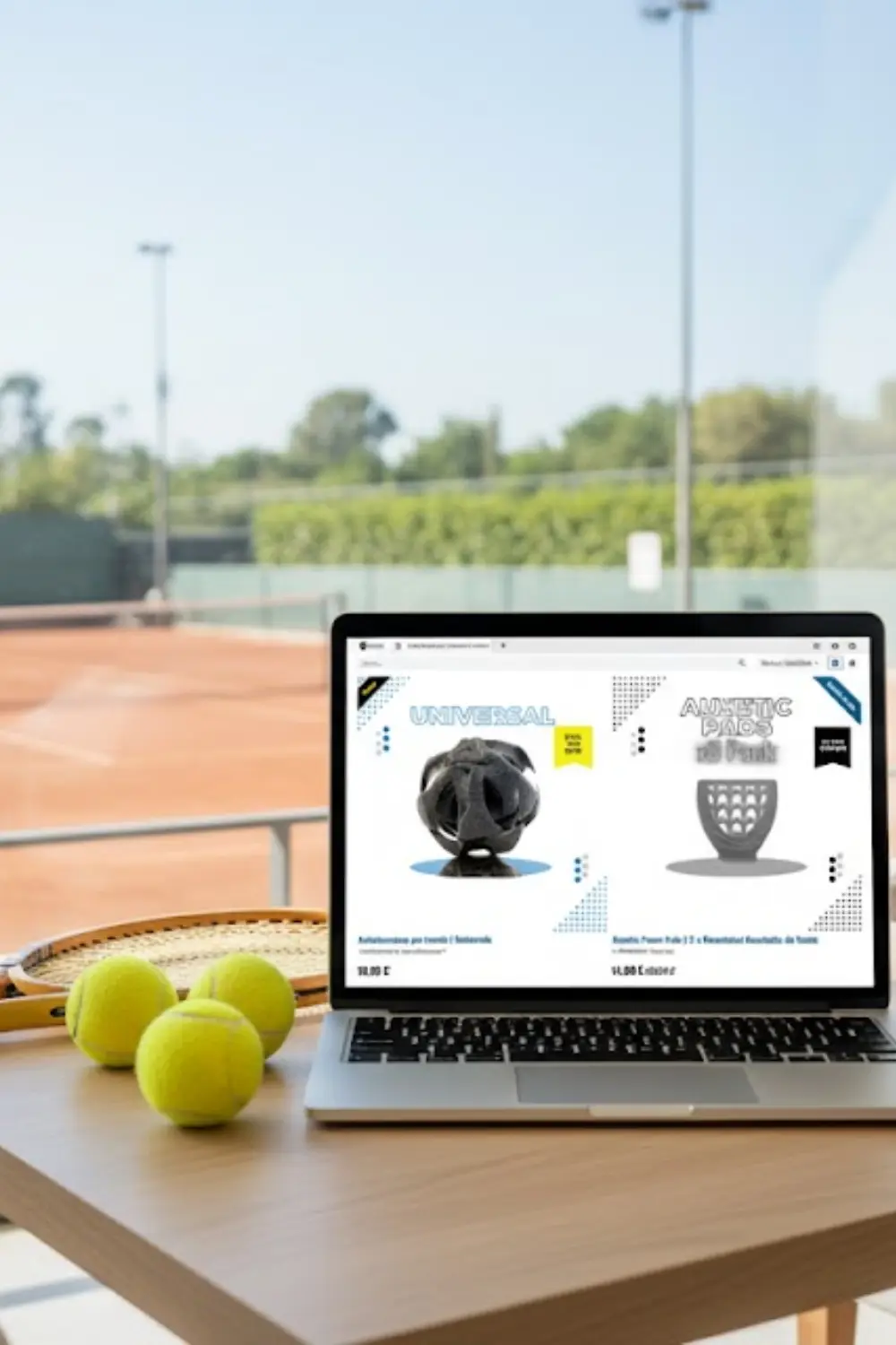 ecommerce AMbelievable aperto su un laptop accanto a racchetta e palle da tennis