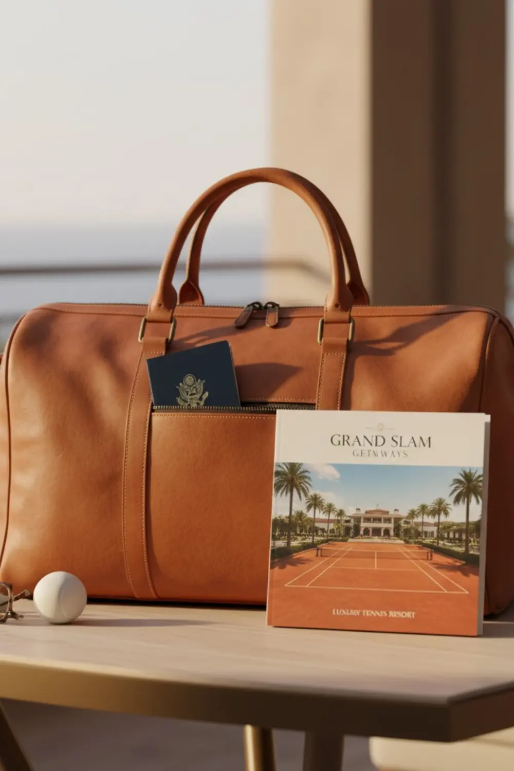 borsa da viaggio e brochure di un resort tennis per idee regalo esperienziali