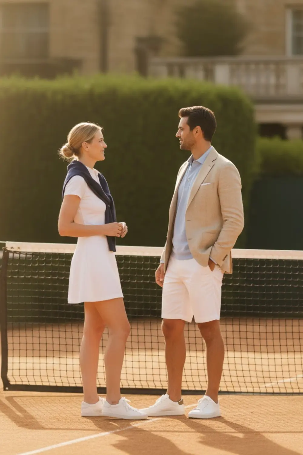 coppia in abbigliamento tennis elegante che conversa a bordo campo, atmosfera da country club