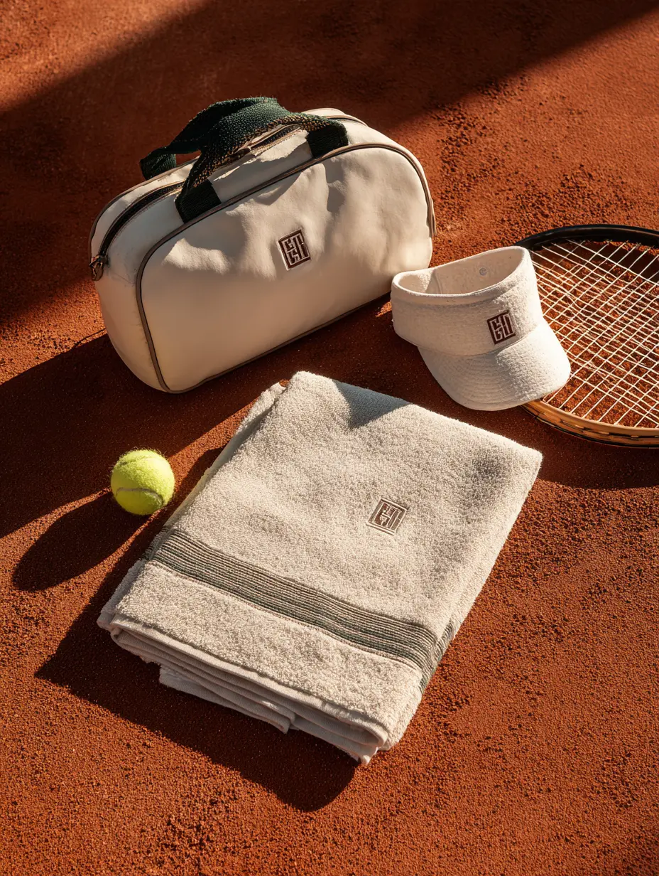 accessori tennis personalizzati come borsa, visiera e asciugamani su campo in terra battuta