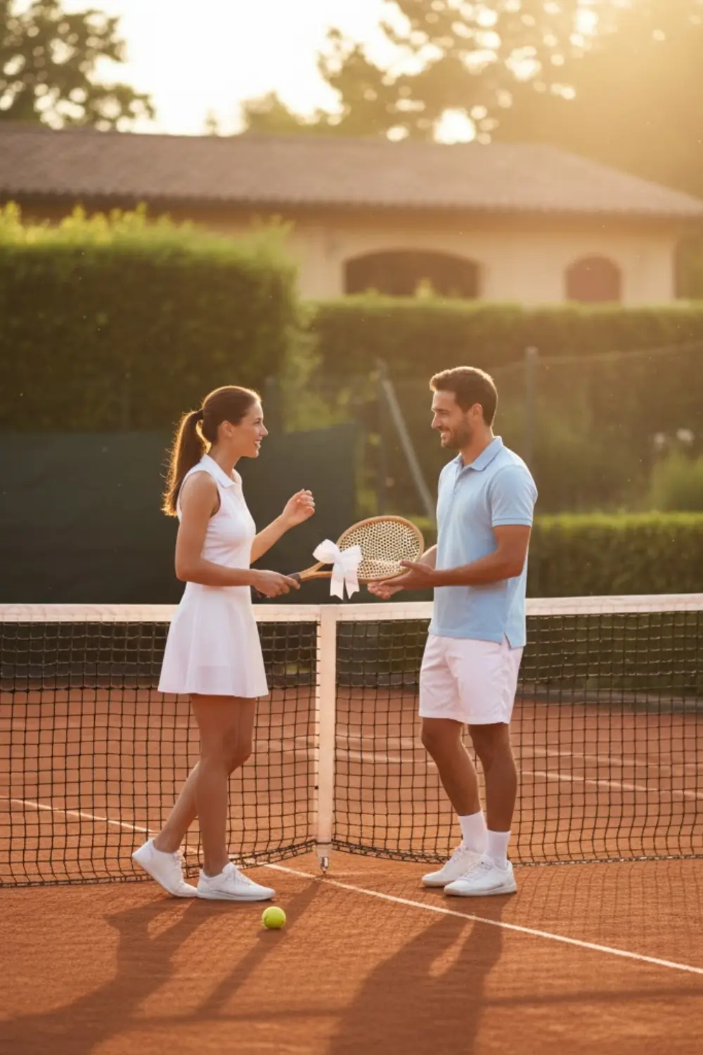 coppia su un campo da tennis che si scambia una racchetta come regalo