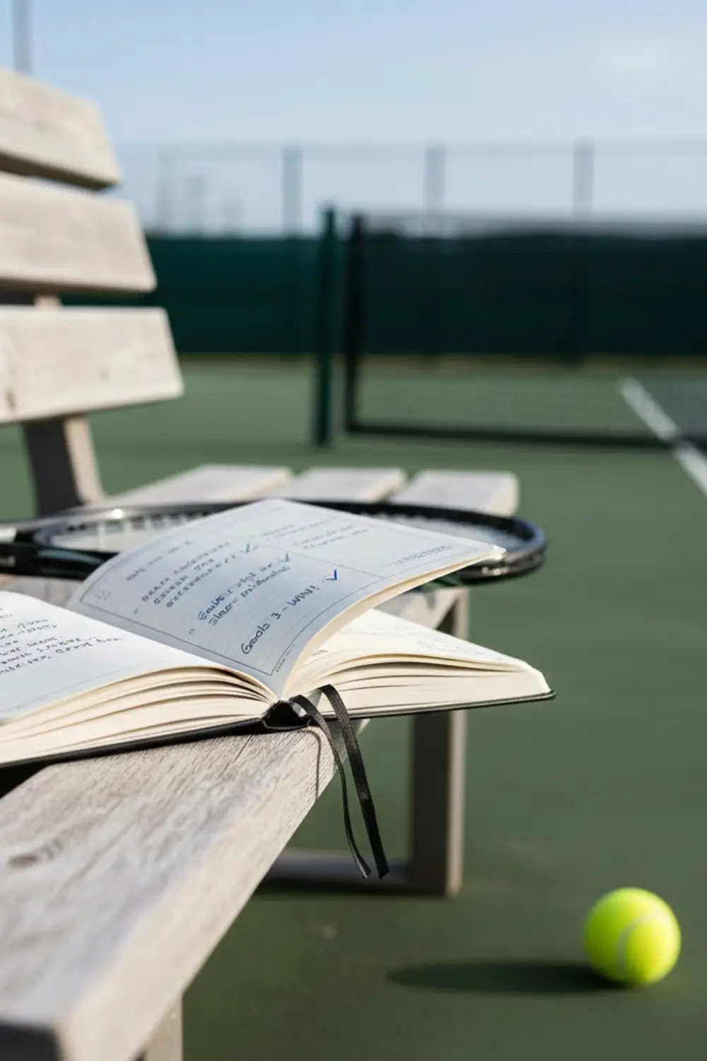 Tennis notebook with written goals placed on a court bench
