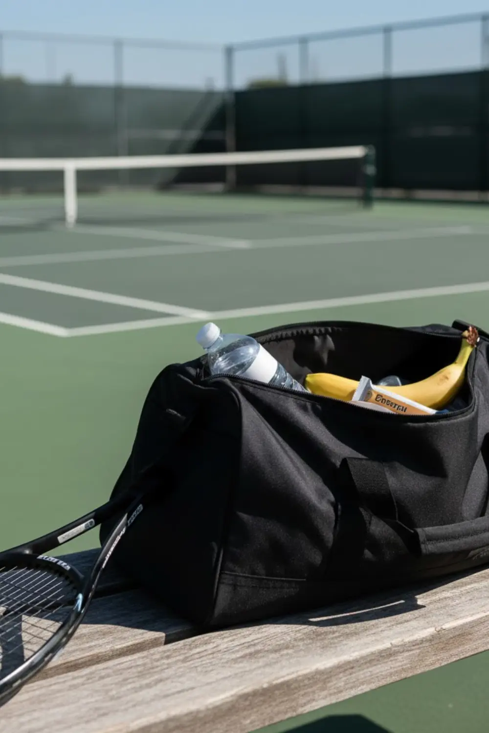 Tennis bag with water bottle and banana for training nutrition