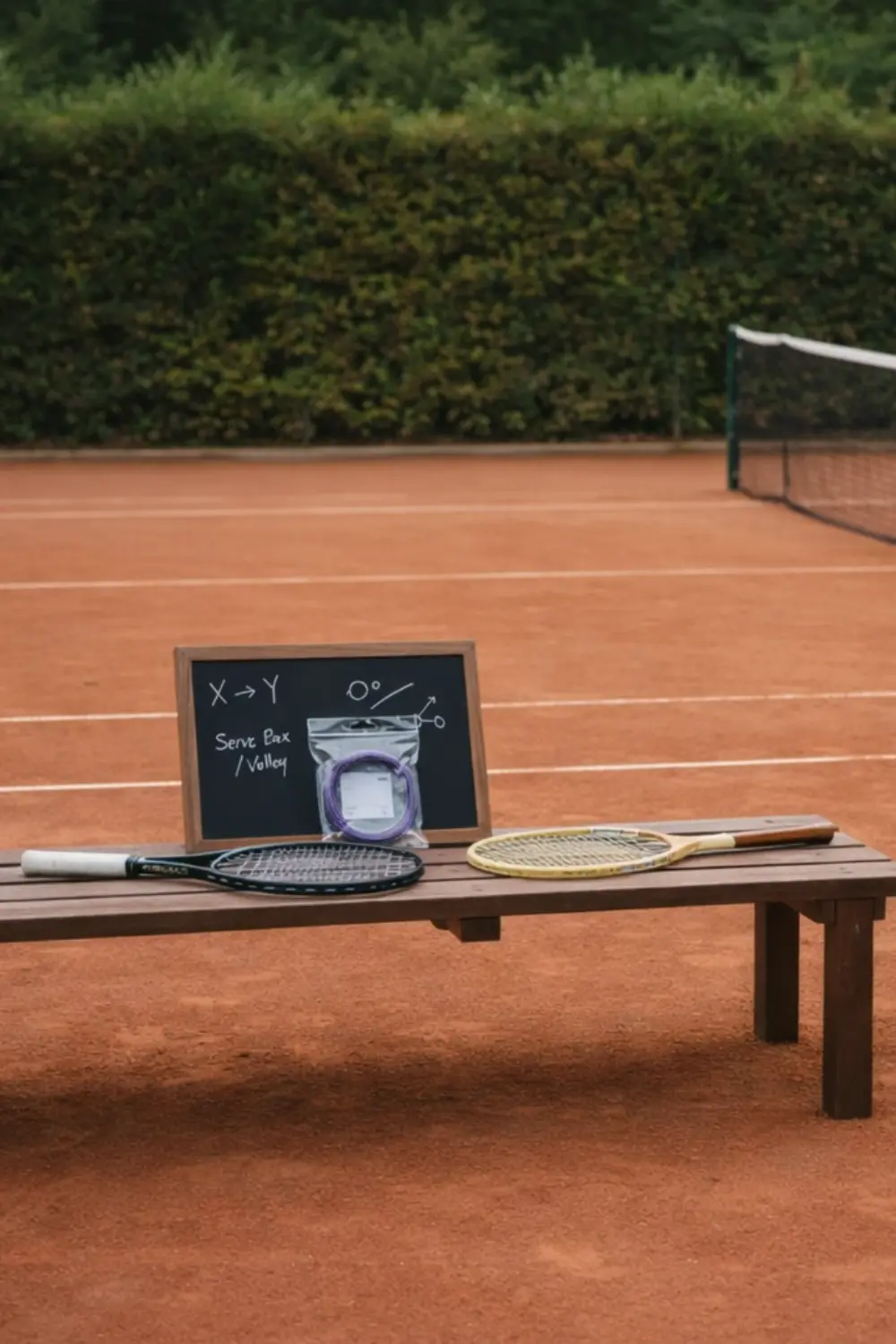 Tennis racquets and strings on a bench with a chalkboard for setup testing