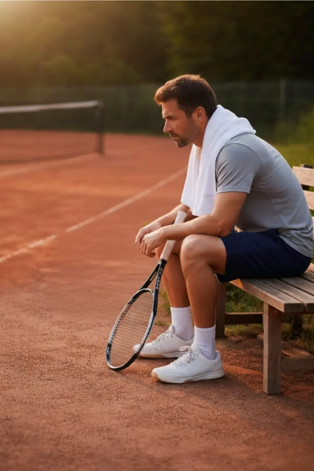 Tennis player resting on a bench after training, reflecting on performance