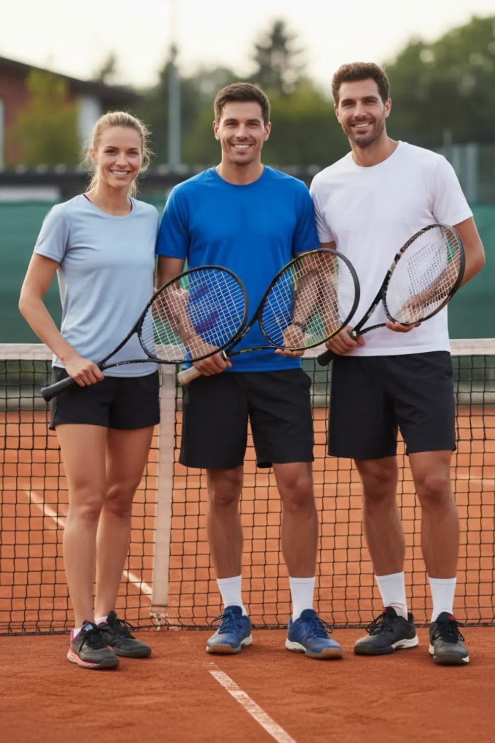 Group of tennis players standing together on court after playing
