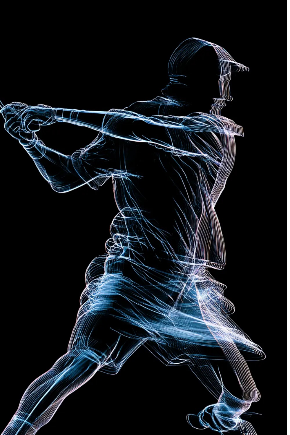 Athlète en wireframe néon en plein swing, traînée de mouvement sur fond noir