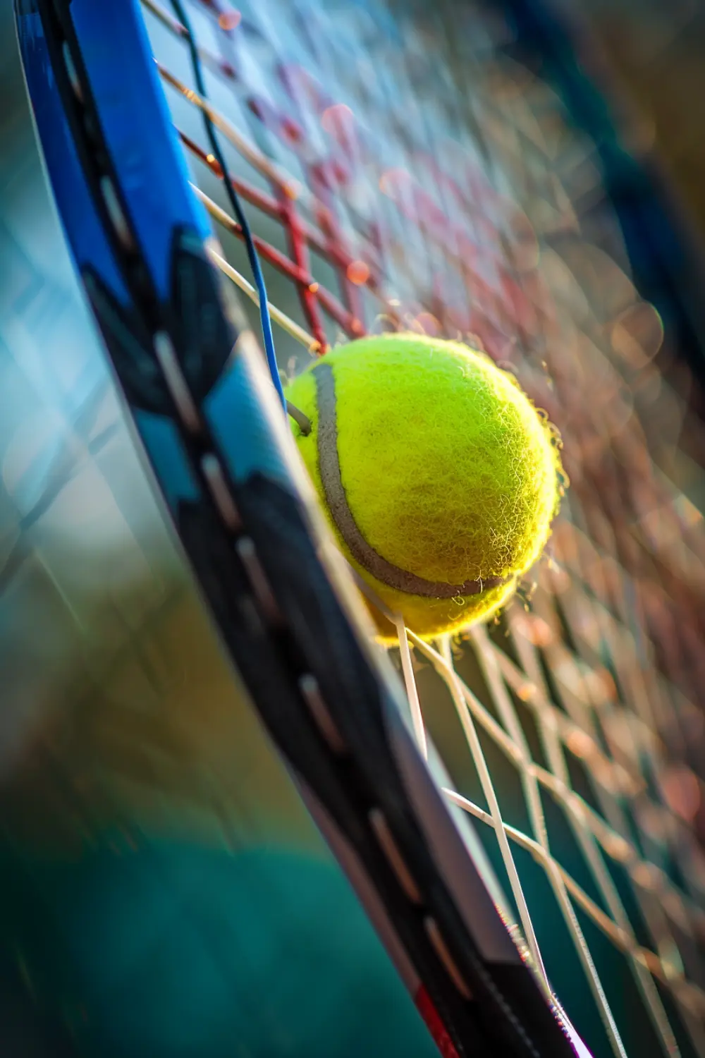 Nahaufnahme eines Balls, der außerhalb des Sweet Spots auf das Saitenbett trifft