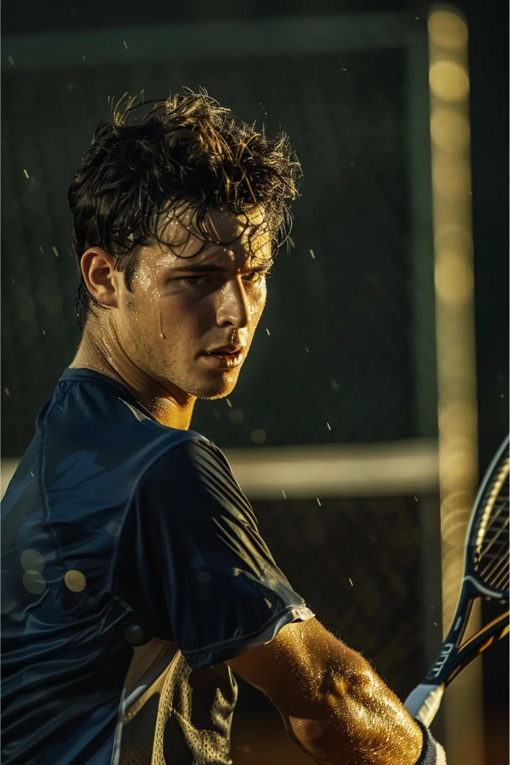 Torsion und Ermüdung im Tennis Ermüdeter Tennisspieler schlägt während eines langen Ballwechsels mit leicht außermittigem Kontakt