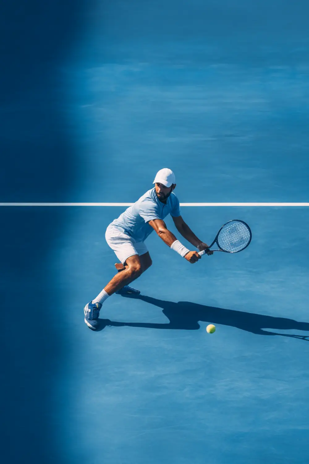Flexion du cadre et contrôle de la frappe Joueur de tennis frappant un coup contrôlé depuis le fond du court avec une réponse équilibrée de la raquette sur un court en dur