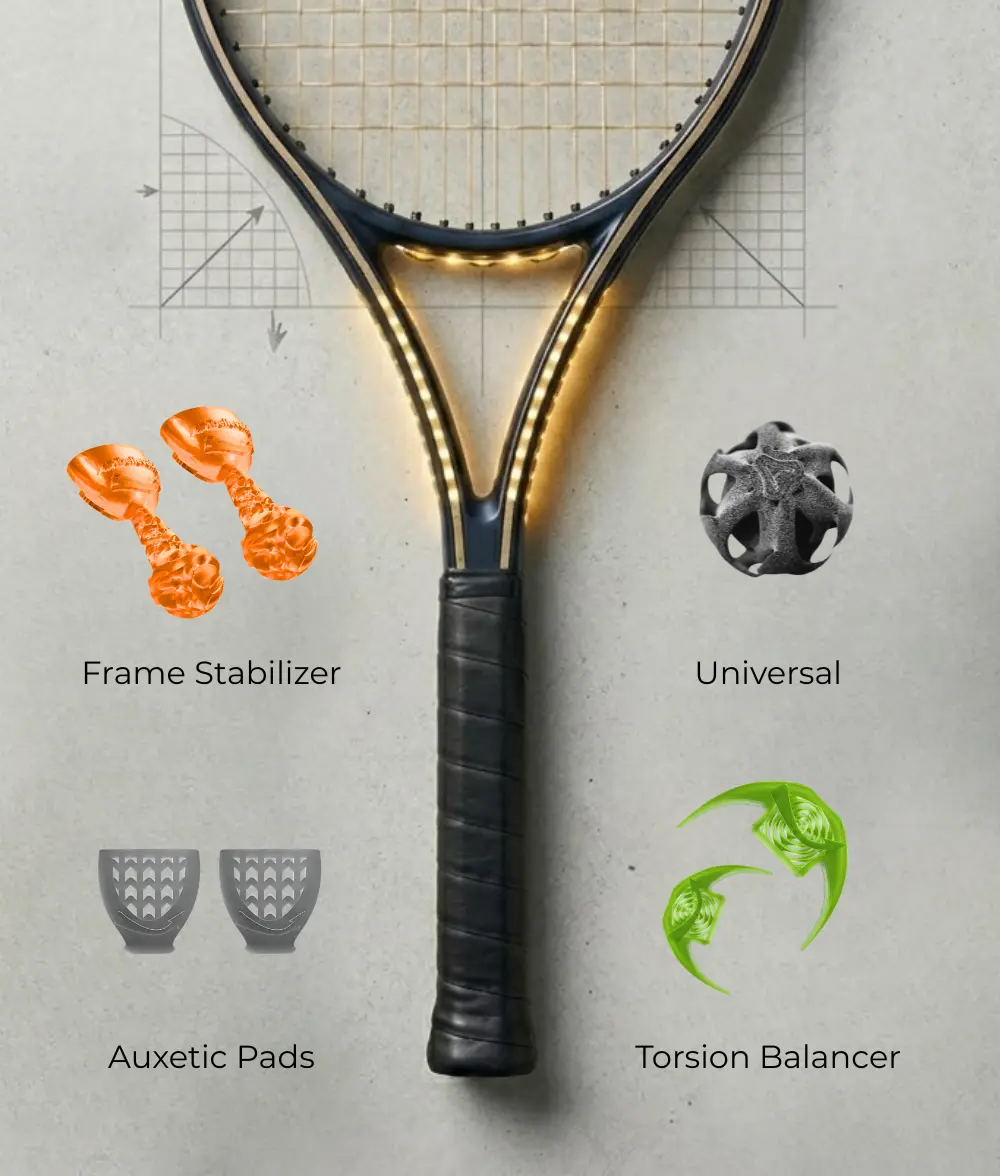 Petits accessoires de tennis et setup de la raquette Raquette de tennis avec accessoires techniques montrant comment de petits changements de setup peuvent influencer les sensations et le confort