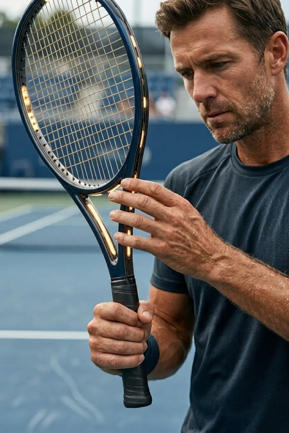 Gros plan sur un joueur de tennis tenant une raquette et se concentrant sur les sensations à l’impact et sur le feedback des vibrations