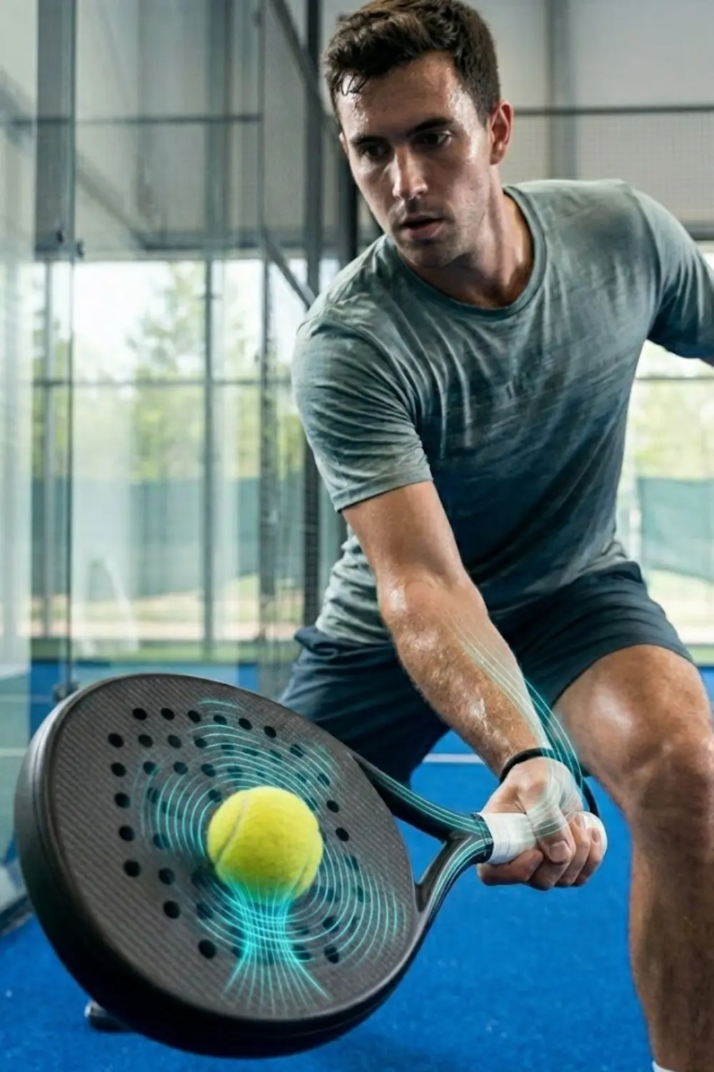Close-up of padel racket impact showing vibration transfer into the hand
