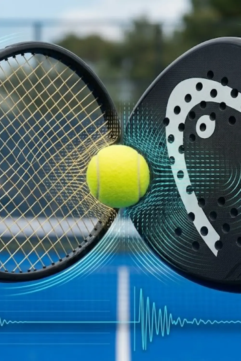 Ball hitting racket with visible vibration waves and energy transfer