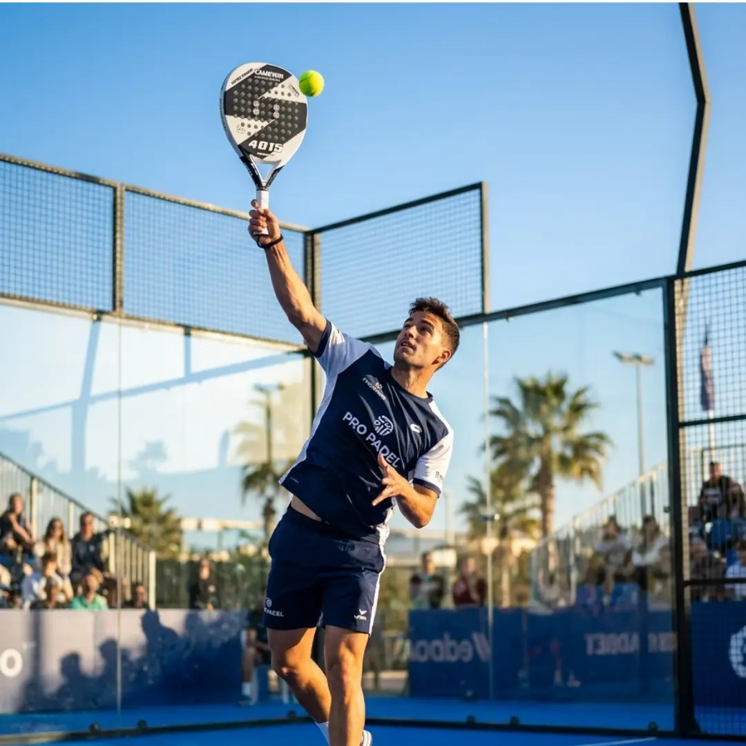 Padel player performing smash highlighting vibration feedback and control during impact