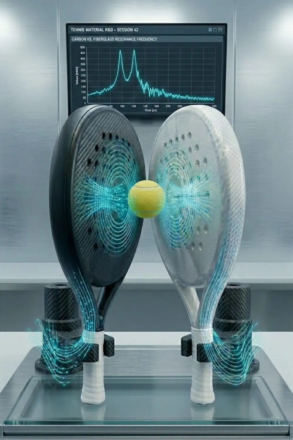 Padel racket vibration test comparing carbon and fiberglass with frequency response graph