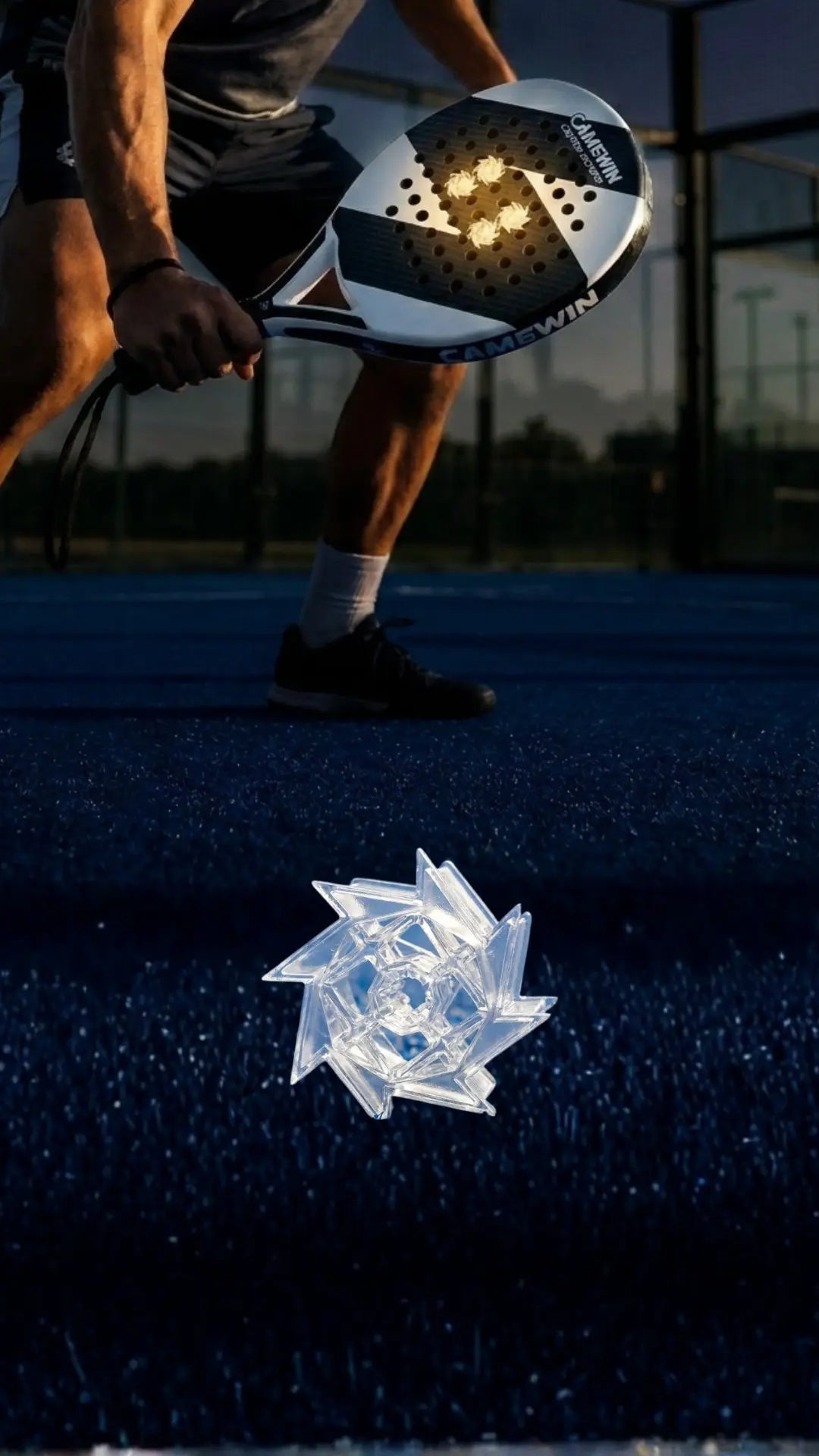Padel player using vibration dampener with product close-up showing controlled vibration