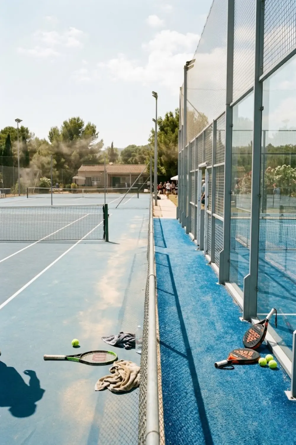 Cómo el calor afecta al tenis y al pádel Pistas de tenis y pádel bajo intenso calor de verano con raquetas, pelotas y efecto de calor que muestran cómo el calor afecta al juego.