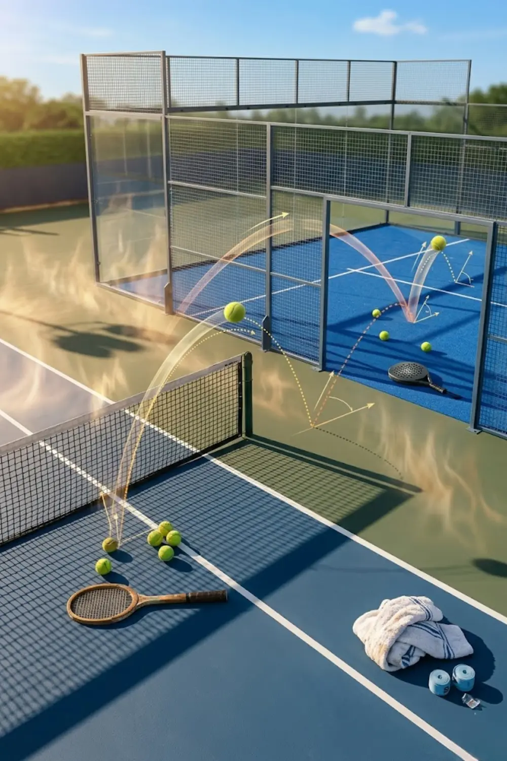 Calor y bote de la pelota en tenis y pádel Pelotas de tenis y pádel botando en pistas calientes, mostrando cómo el calor cambia el bote, la velocidad y las condiciones de juego.