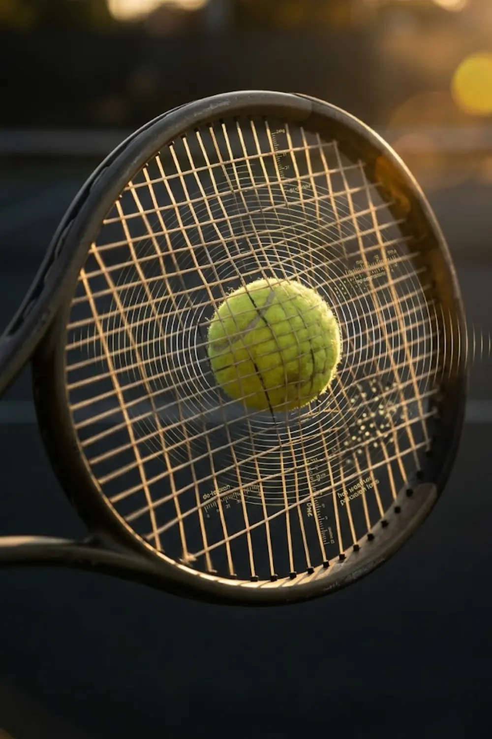 Tensión de cuerdas de tenis con calor Primer plano de una pelota deformando las cuerdas de la raqueta, mostrando cómo el calor puede afectar tensión, potencia y control.