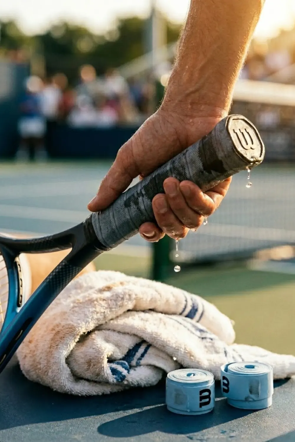 Grip de tenis para manos sudorosas en verano Mano sudada sujetando el mango de una raqueta con calor, mostrando cómo grip, sudor y fricción afectan al control.