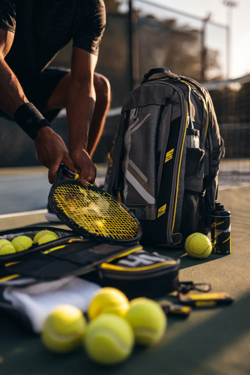 Revisión del equipamiento de tenis y pádel en verano Jugador preparando el equipamiento de tenis y pádel antes de un partido de verano, revisando grip, pelotas, bolsa y accesorios.
