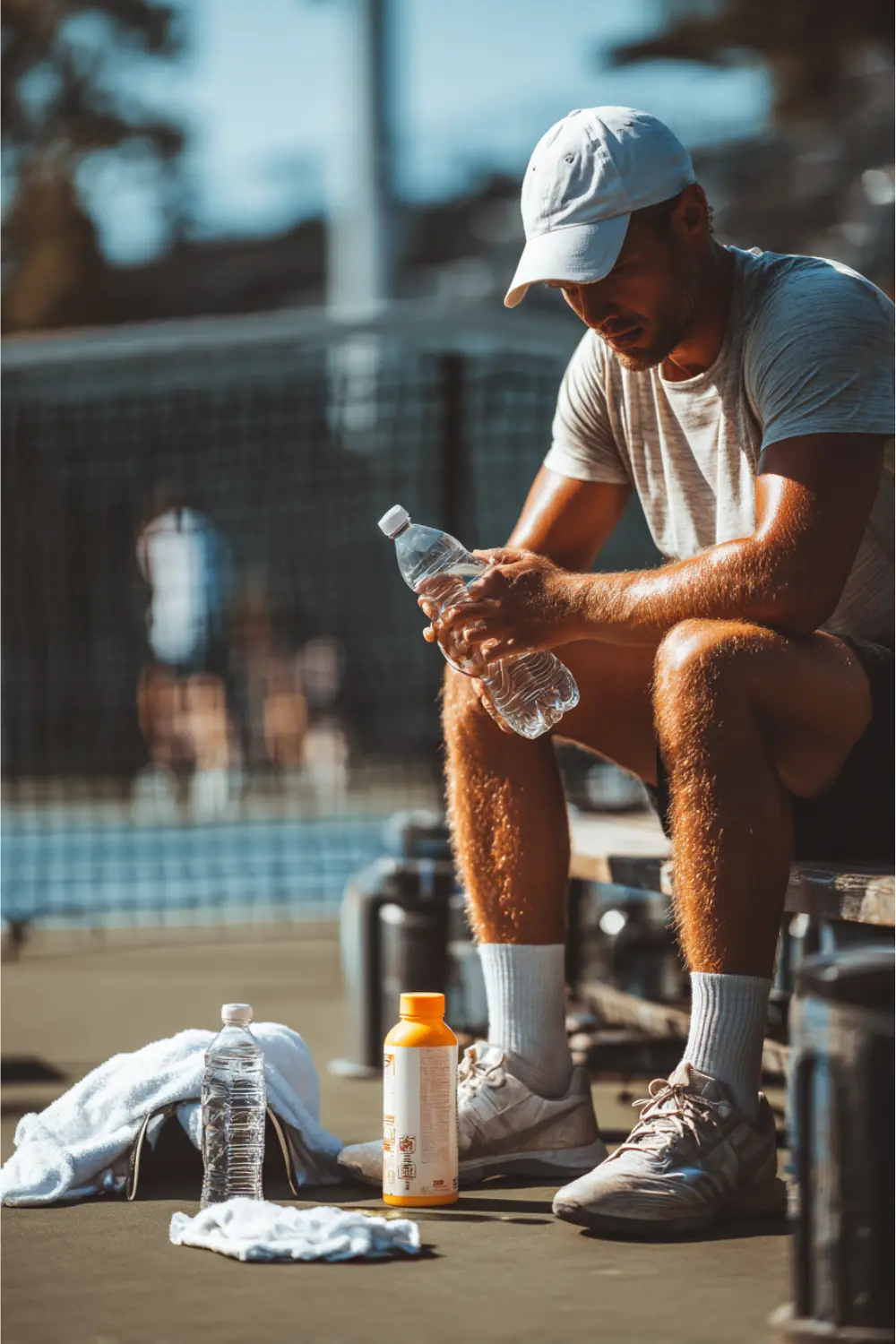 Hidratación y fatiga por calor en tenis Tenista cansado bebiendo agua durante un descanso con calor, mostrando hidratación, fatiga y recuperación en el tenis de verano.