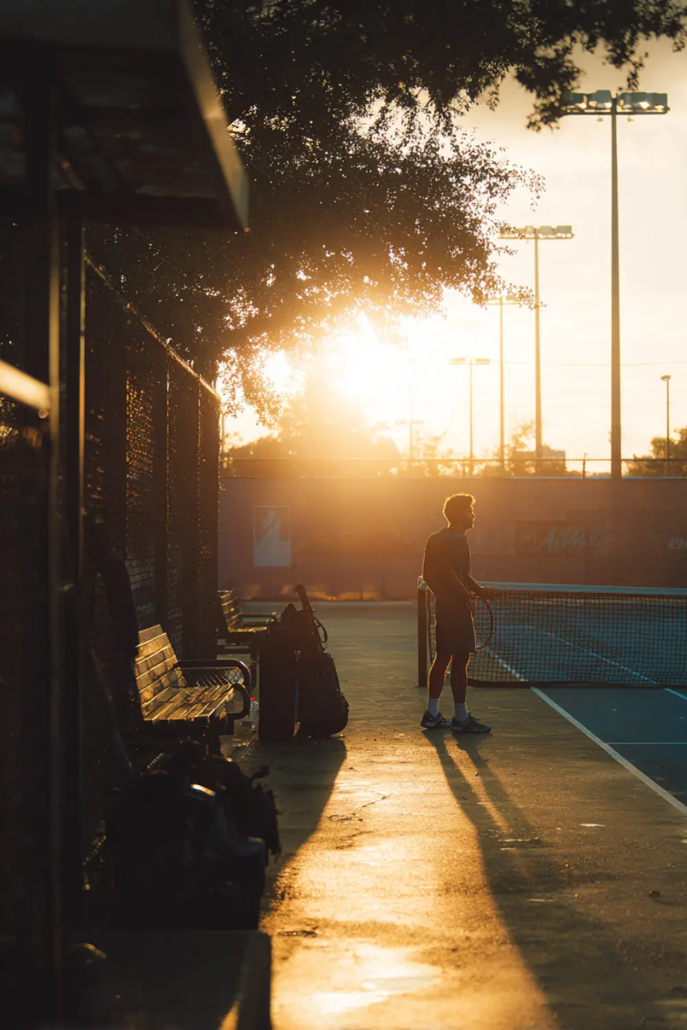 El control en tenis empieza antes del primer punto Tenista listo en la línea de fondo antes de un partido de verano, mostrando preparación, control del setup y confianza antes de jugar.