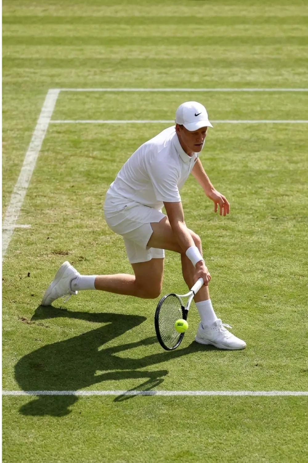 Tennis player bending low to hit a ball on a grass court