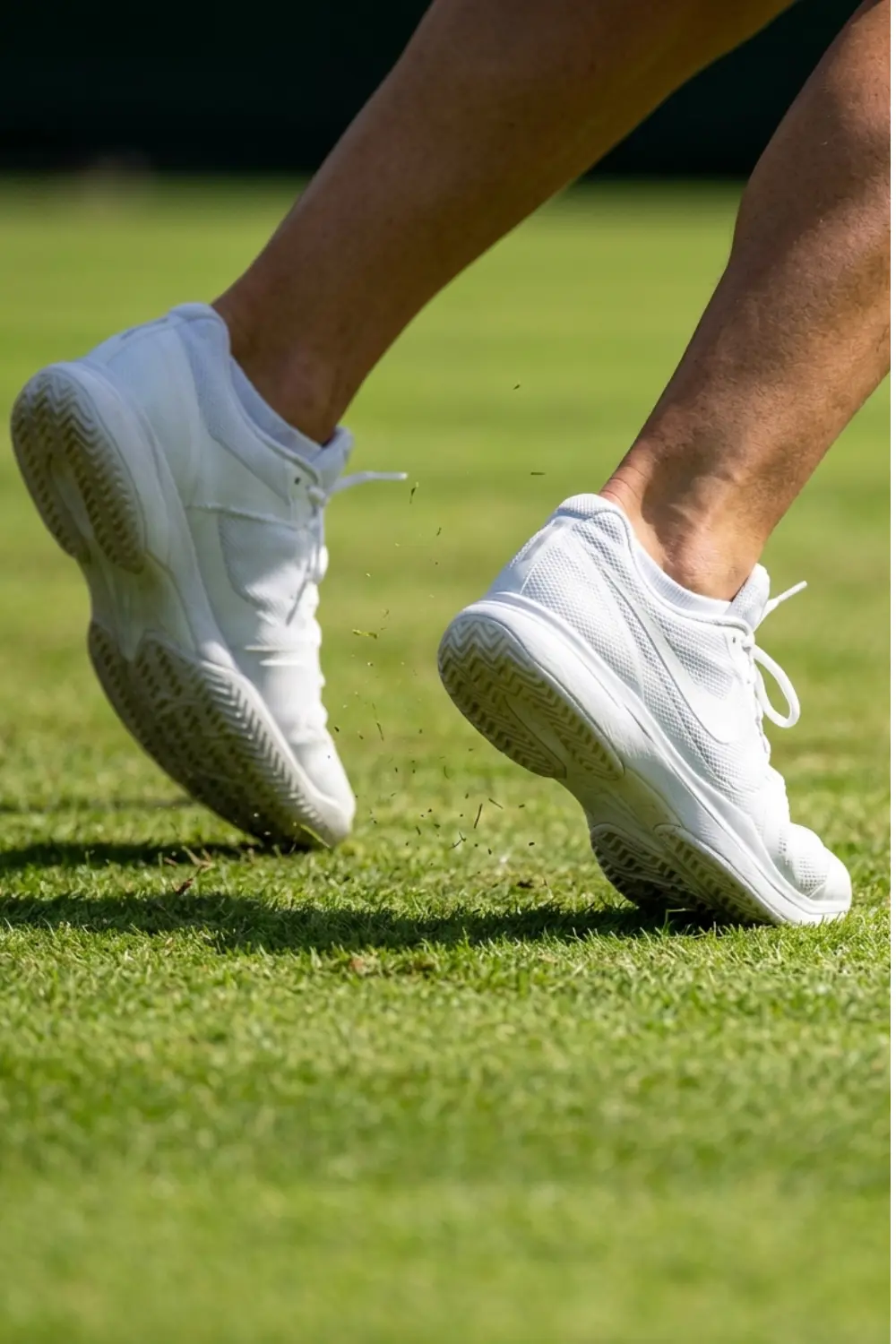 Close-up of tennis footwork on a grass court