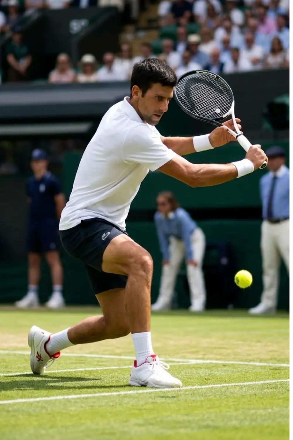 Tennis player preparing for a low backhand slice on grass