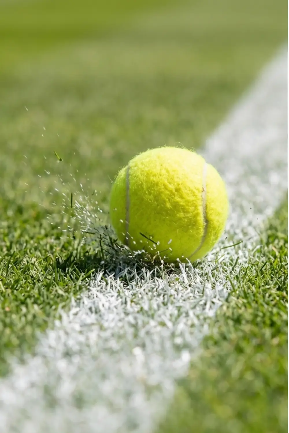 Tennis ball resting beside a white line on a grass court